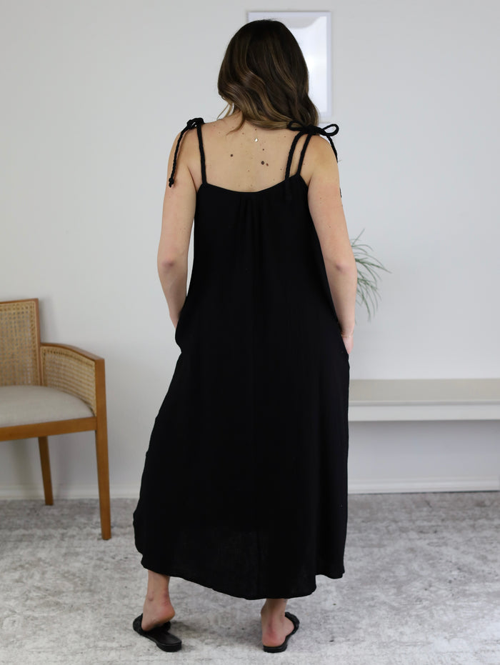 Paper Gauze Midi Dress-Black