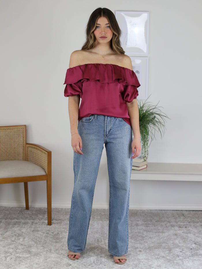Many Reasons Off Shoulder Stain Top w/Ruffle