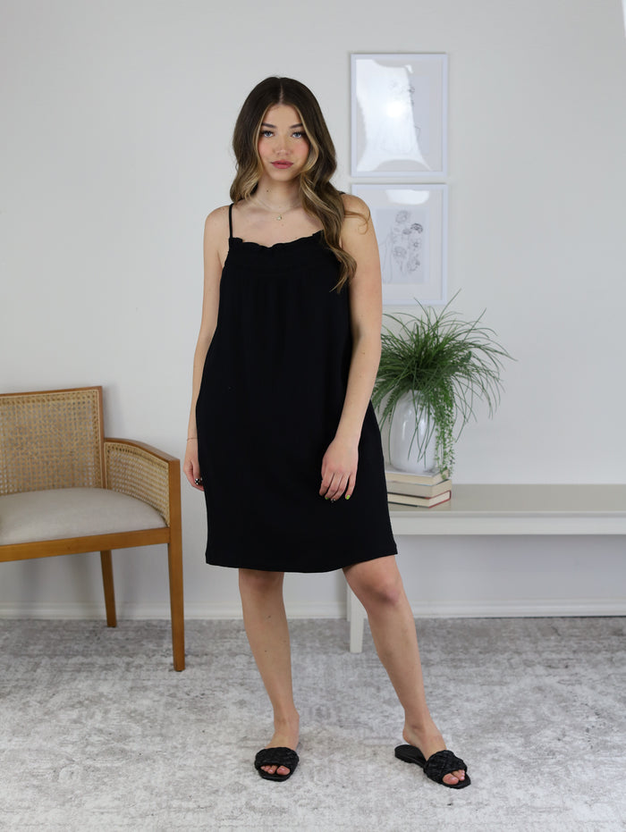 Veda Embroidered Gauze Mini Dress-Black