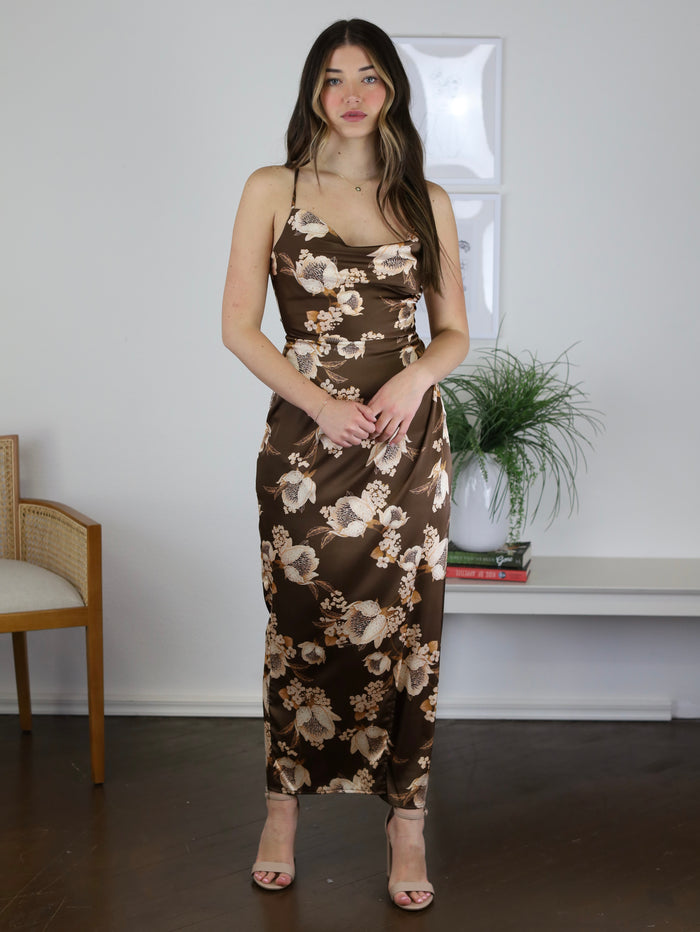 Essie Cowl Neck Floral Print Midi Dress