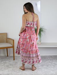 Flora Flounced Boarder Print Halter Midi Dress