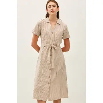 Woman wearing Ensley taupe striped utility button-up midi shirt dress with tie waist