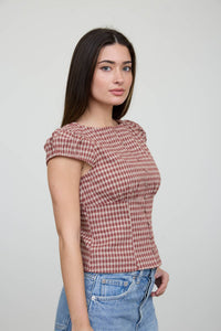 Back view of Ainsley Plaid Button Front Top showing smocking detail