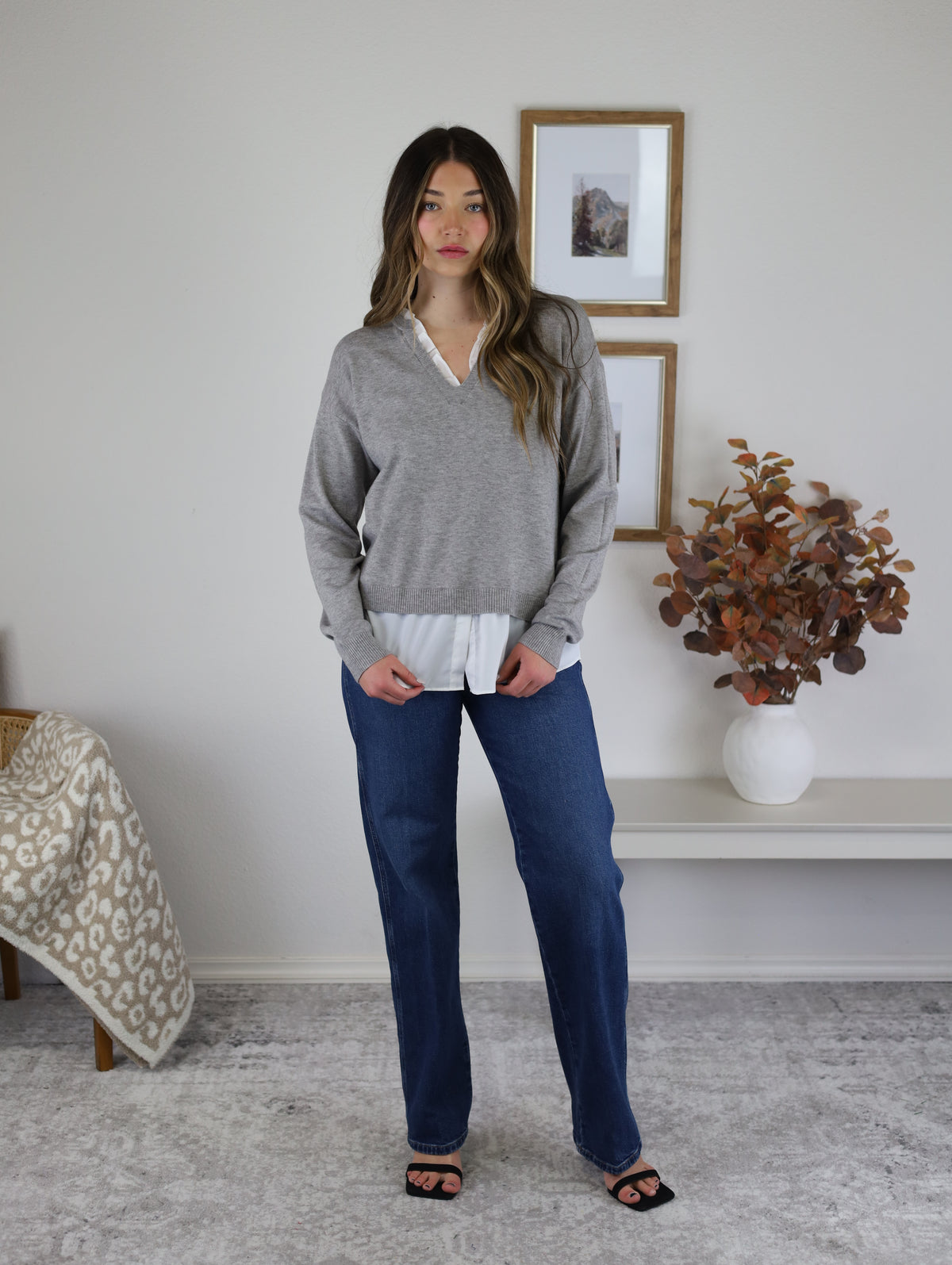 Mani V Neck Combo Sweater - Grey