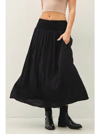 Marty Smocked Waist Midi Skirt in black – women's flowy rayon midi skirt with smocked elastic waist | Glitz Fine Clothing