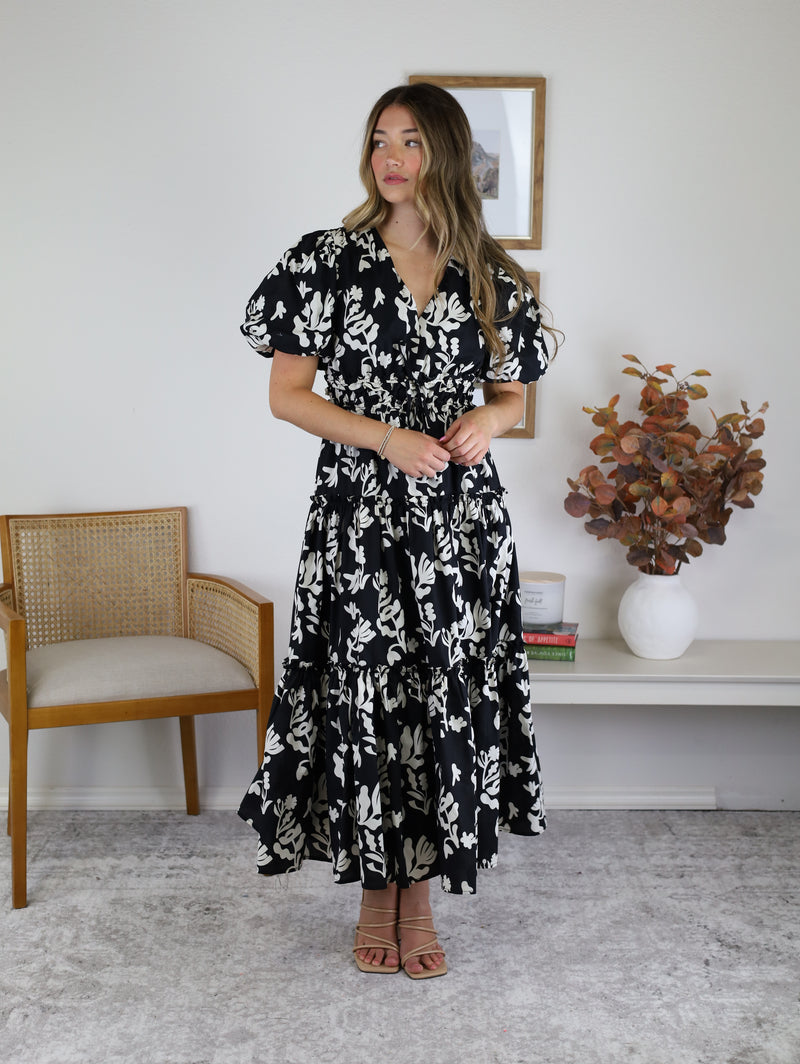 Moss Floral Print Puff Sleeve Midi Dress