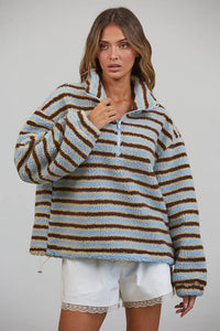 Creamon - T3535 Relaxed Sherpa Striped Half Zip Pullover: BLUE/BROWN / S-M-L (3-2-1)