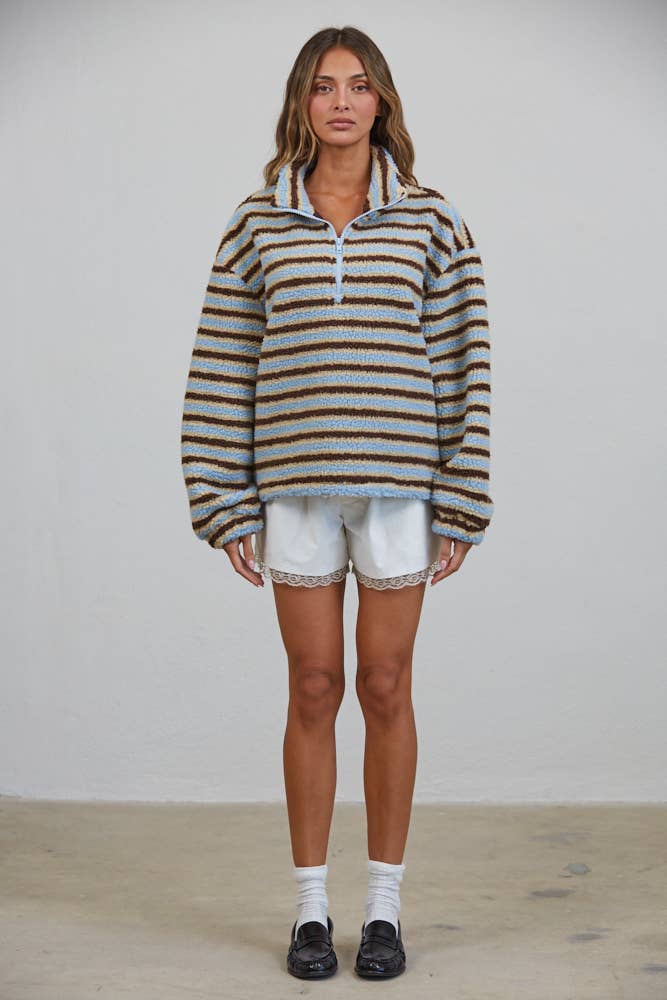 Creamon - T3535 Relaxed Sherpa Striped Half Zip Pullover: BLUE/BROWN / S-M-L (3-2-1)