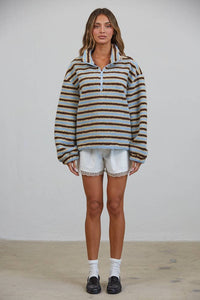 Creamon - T3535 Relaxed Sherpa Striped Half Zip Pullover: BLUE/BROWN / S-M-L (3-2-1)