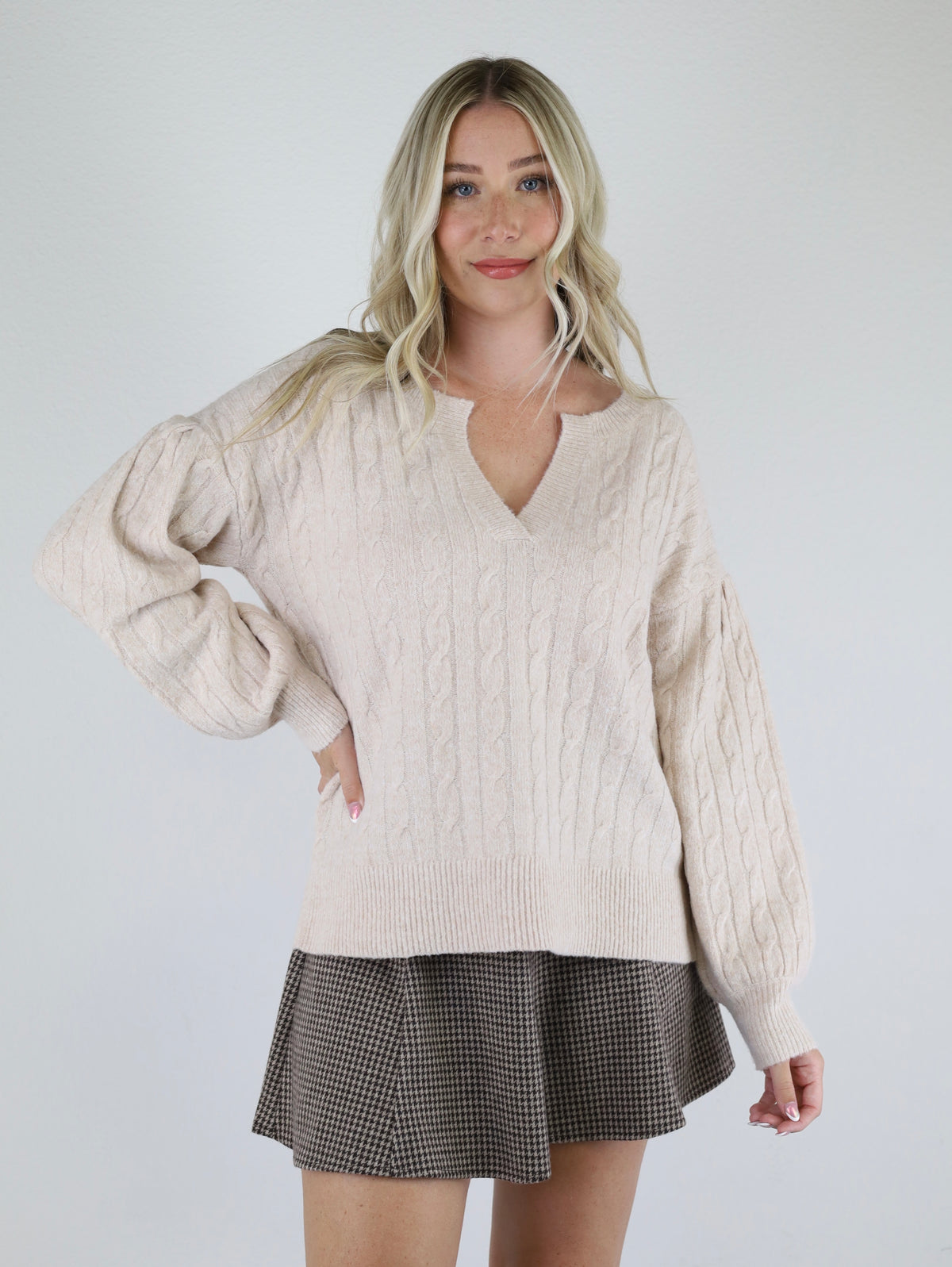 Sessily Lantern Sleeve Cable Sweater