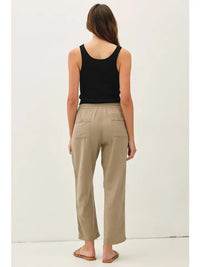 Mocha crochet-trim linen pants, women's boutique bottoms in Turlock CA