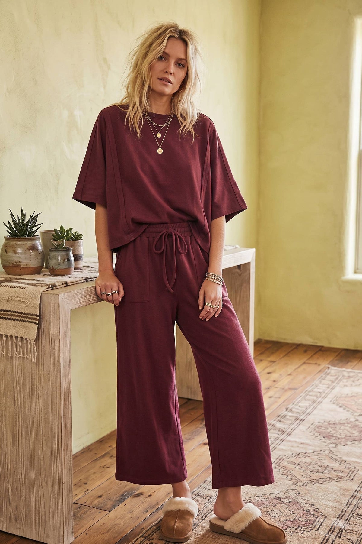 Sewn and Seen - Brushed Stretch Boxy Top & Wide Leg Pant Set: BURGUNDY / L
