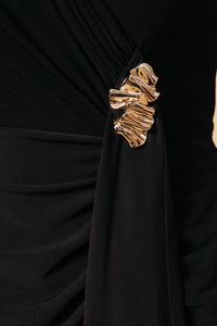 Sunday Edition by LE LIS - V NECK SIDE GATHERED DRAPE MIDI DRESS WITH GOLD EMBELLISH: Black / L