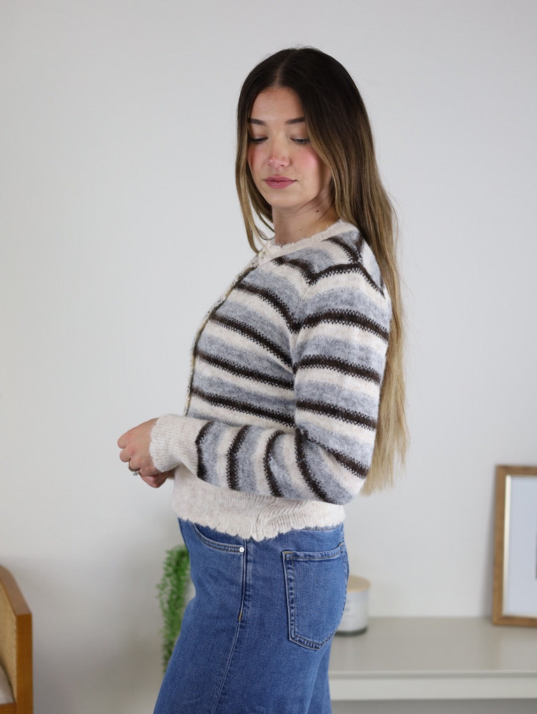 A woman wearing a Lark Lace Trim Striped Knit Cardigan with Candy Buttons, a cropped knit style in brown, gray, and white featuring lace trim along the collar and hem and small round buttons.