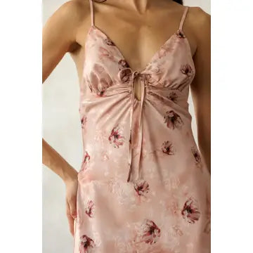 Satin floral midi dress with ruched bust and keyhole detail