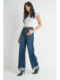 High Waist Cuffed Palazzo Jean - Dark Wash