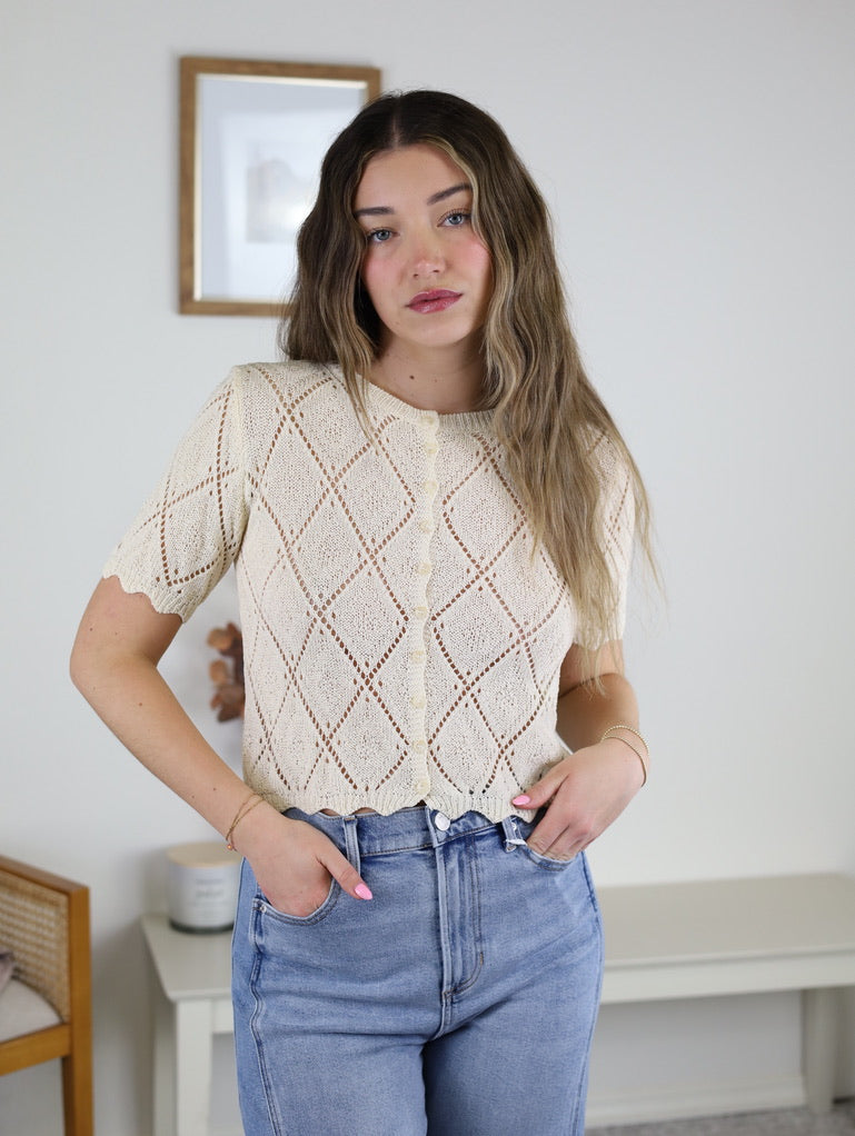 Trina Pointelle Knit Short Sleeve Cardigan