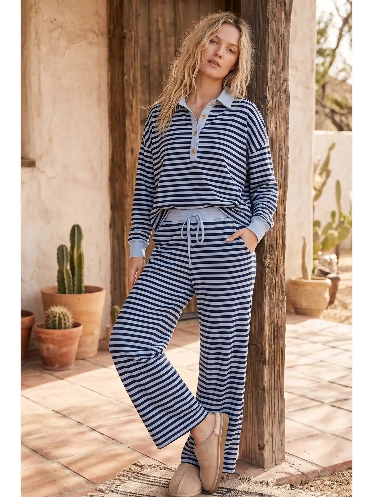 Ivy Striped Relaxed Top and Wide Leg Pants Knit Set in navy, side view