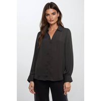 Naked Zebra - Neck Shirt With Open Seam Sleeve: Wine / L long-sleeved dark wine woven polyester button-down shirt with an open seam sleeve, featuring a collared V-neck and cuffed sleeves.
