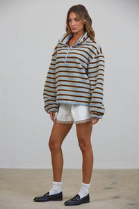 Creamon - T3535 Relaxed Sherpa Striped Half Zip Pullover: BLUE/BROWN / S-M-L (3-2-1)
