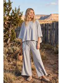 Heather Brushed Stretch Boxy Top and Wide Leg Pant Set in grey, back view showing relaxed fit