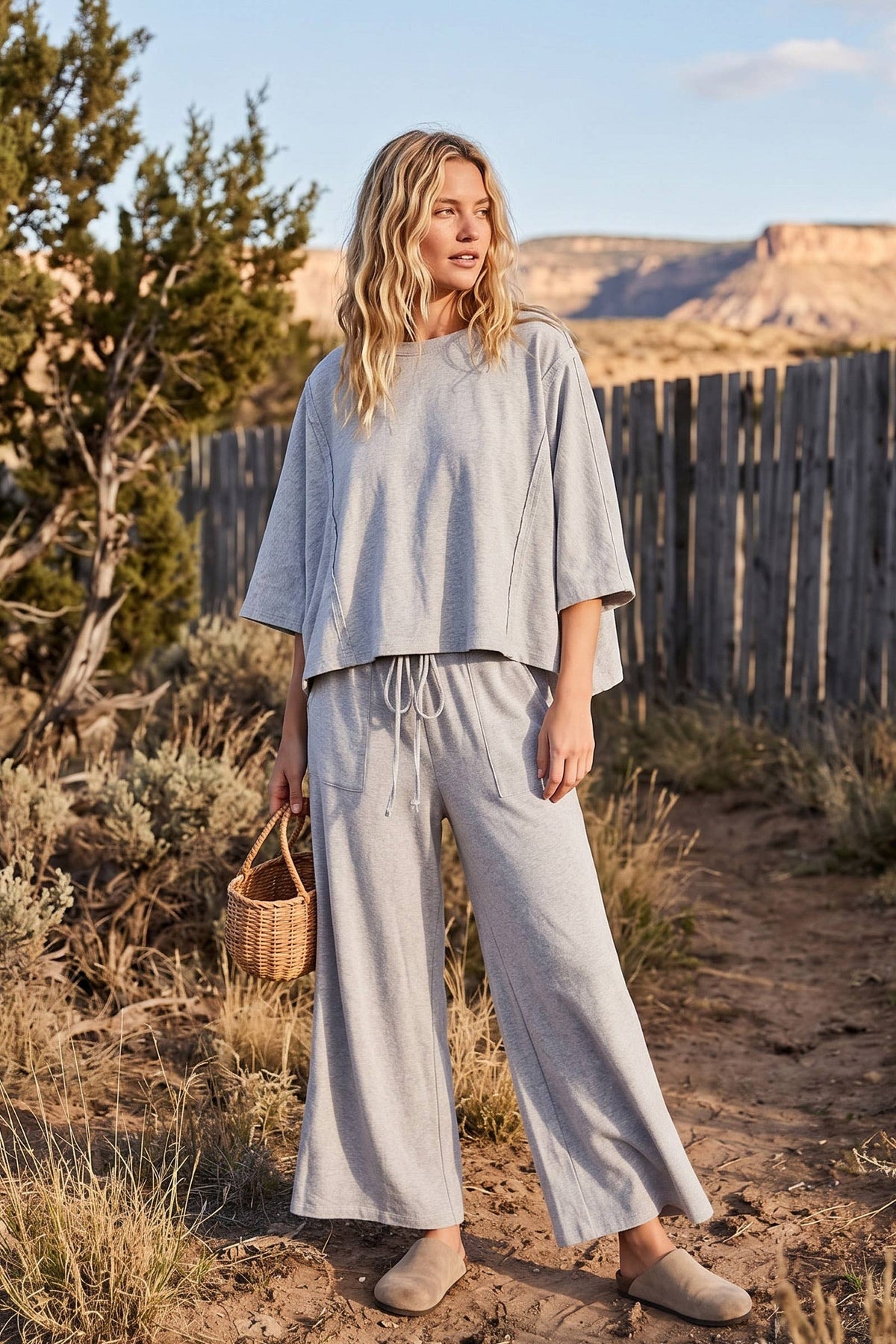 Sewn and Seen - Brushed Stretch Boxy Top & Wide Leg Pant Set: BURGUNDY / L