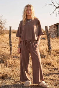 Sewn and Seen - Brushed Stretch Boxy Top & Wide Leg Pant Set: BURGUNDY / L