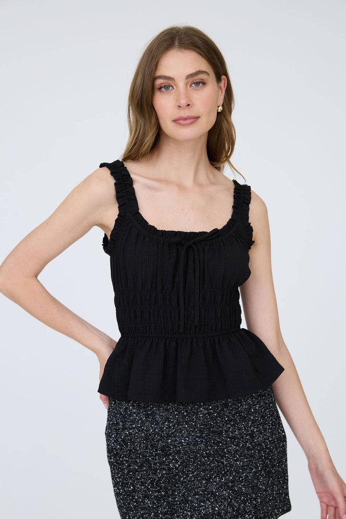 Alfie Shirred Waist Tank Top in black, shirred waist with ruffle strap detail