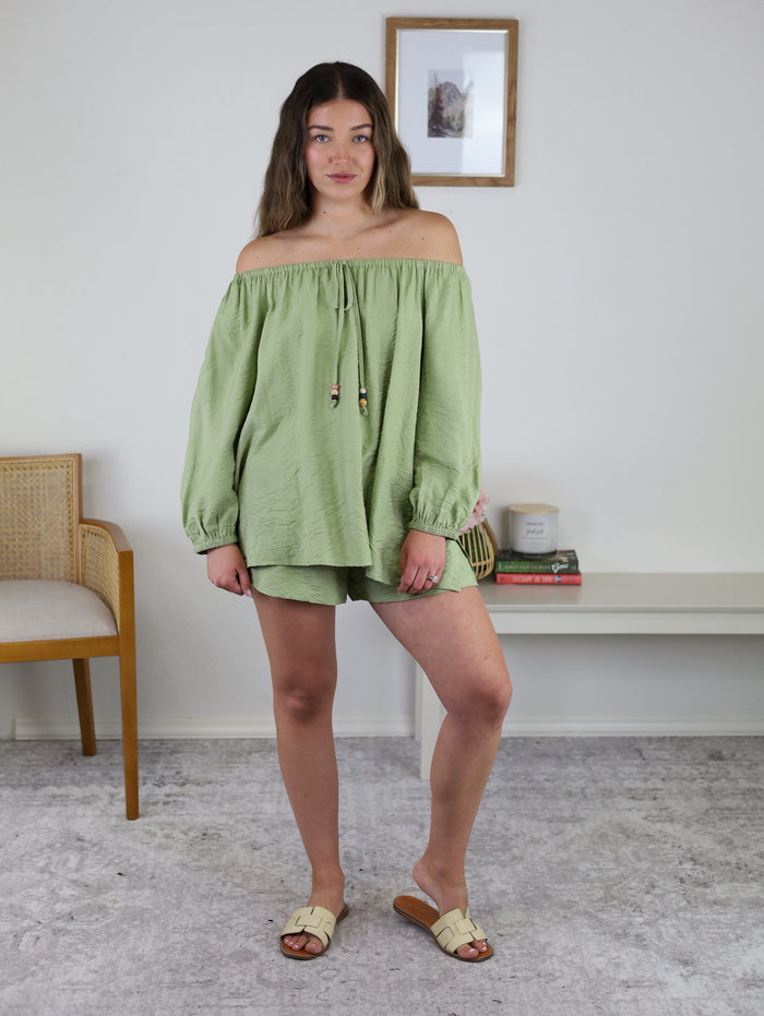 Lynn Off-Shoulder Top with Beaded Detail & Shorts Set