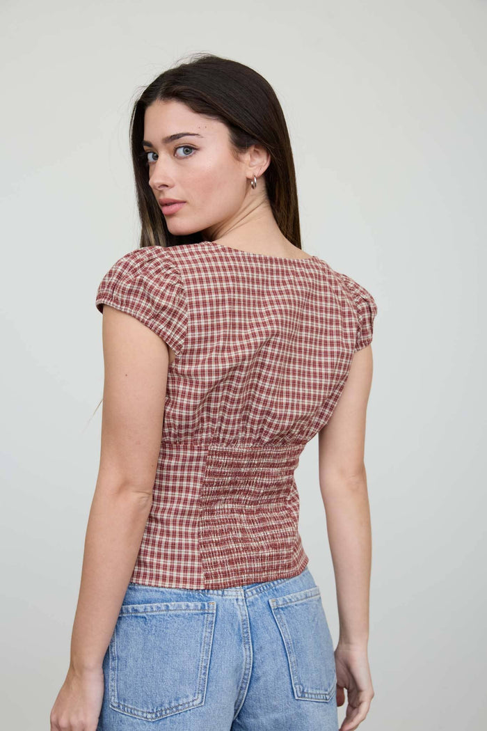 Ainsley Plaid Button Front Top close-up of covered buttons and button loop detail