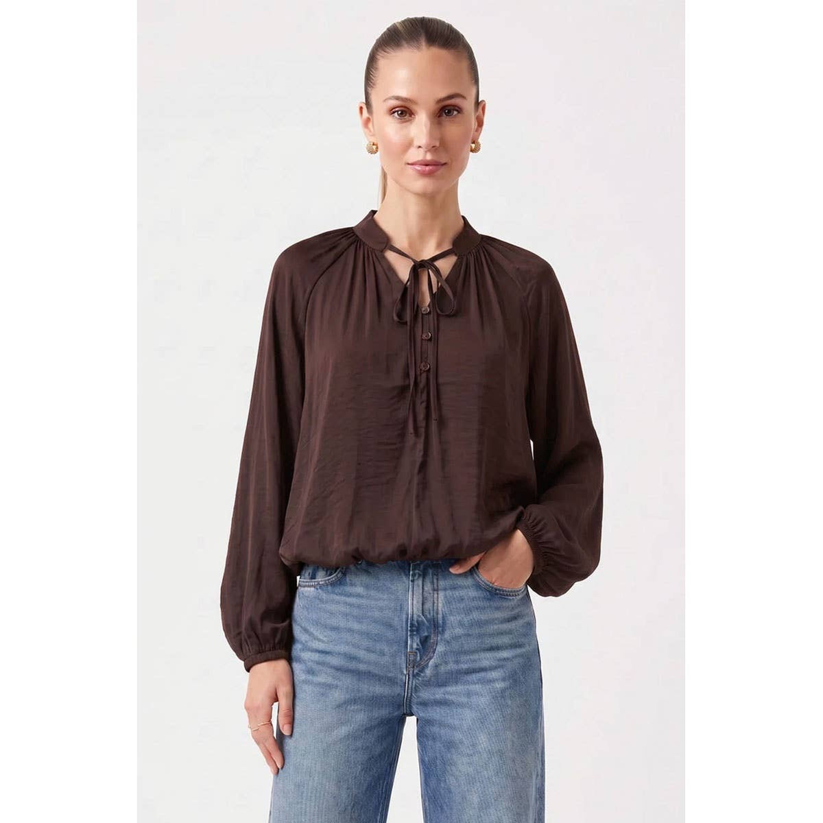 Naked Zebra - Billowy Tie Neck Long Sleeve Blouse: Wine / L, featuring a billowy, dark wine tie neck with a buttoned placket, worn with blue jeans.