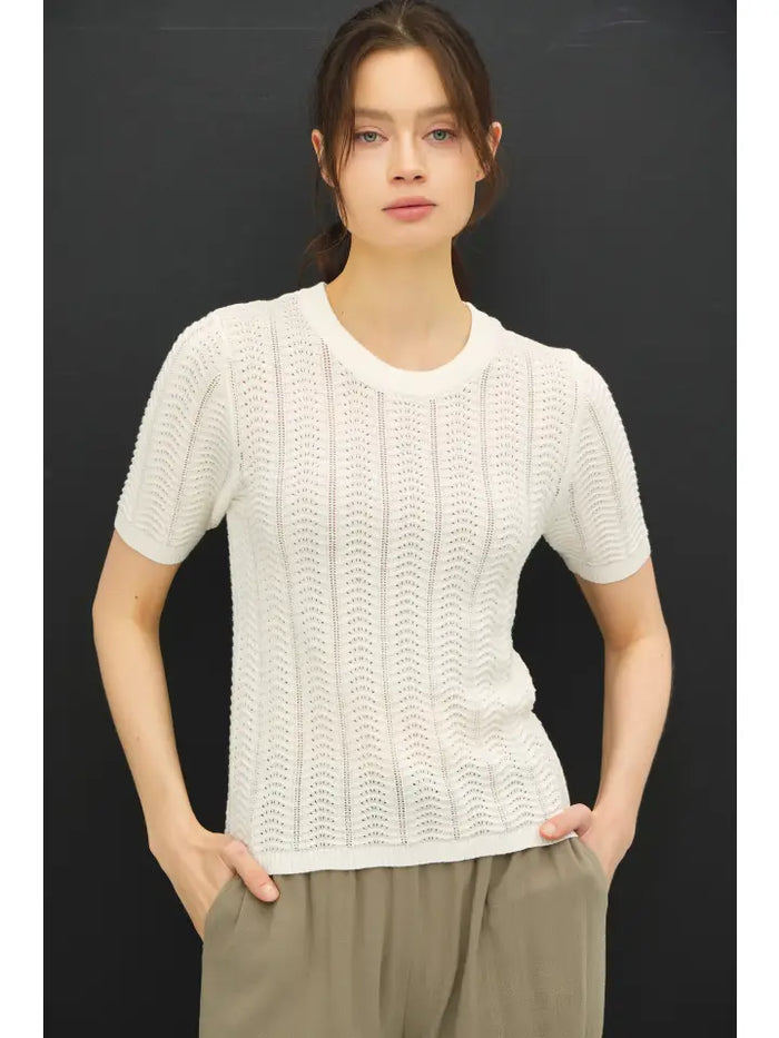 White chevron textured short sleeve sweater from Glitz Fine Clothing