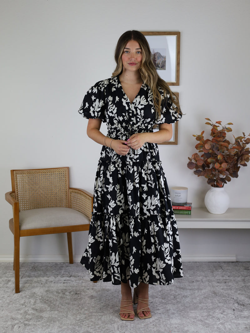 Moss Floral Print Puff Sleeve Midi Dress