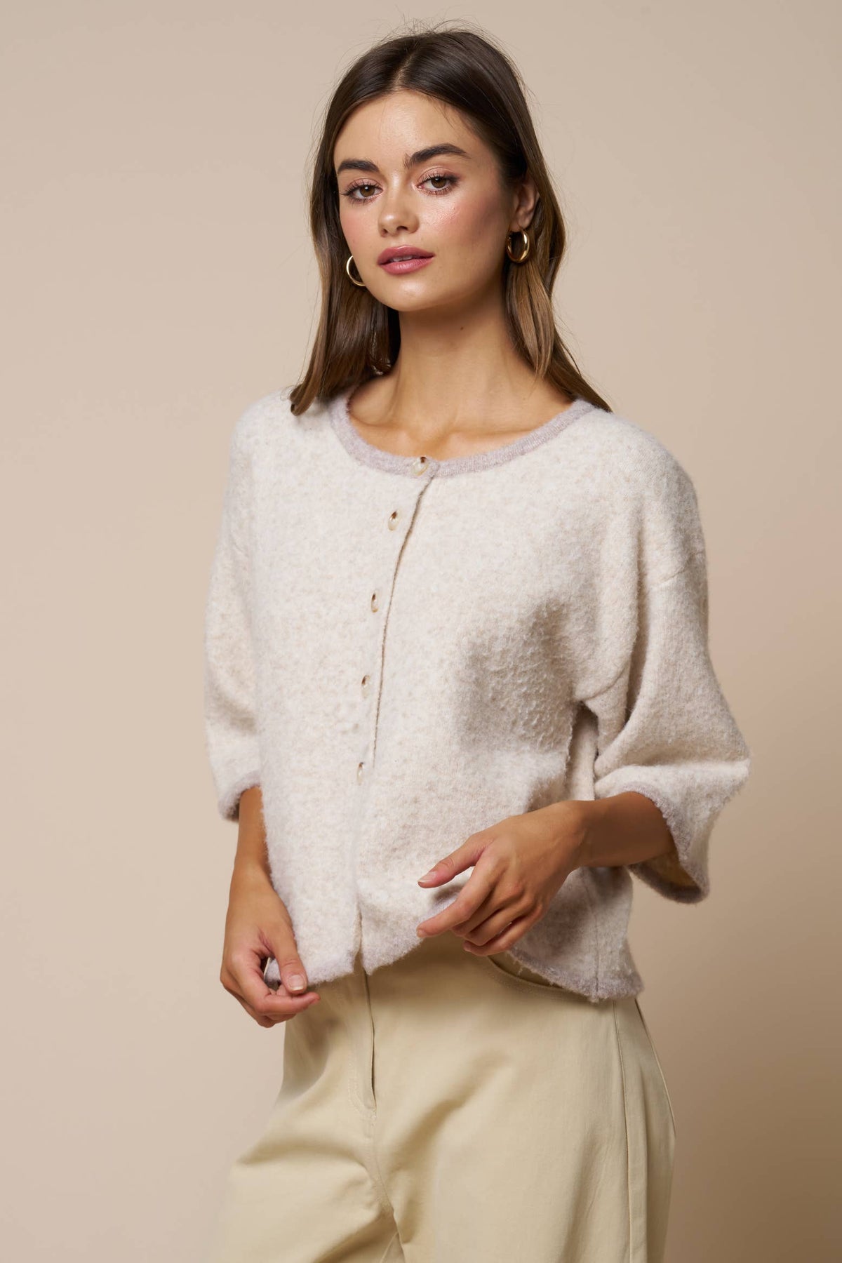 Lalavon - Color Block Button Down Sweater Top: LT BEIGE / L