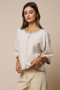 Lalavon - Color Block Button Down Sweater Top: LT BEIGE / L