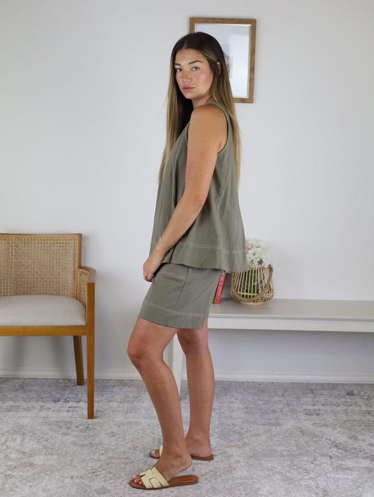 Kitty Contrast Stitching Top - Olive