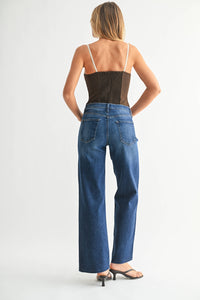 Styled look wearing Ingrid High Rise Slim Palazzo Jean in dark blue wash