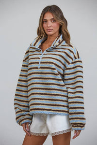Creamon - T3535 Relaxed Sherpa Striped Half Zip Pullover: BLUE/BROWN / S-M-L (3-2-1)