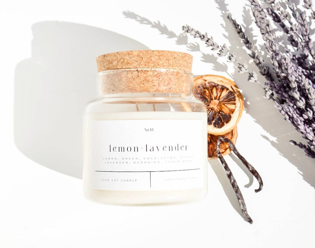 Forget Me Not Lemon Lavender 22 oz soy candle topped with dried lavender in glass jar with cork lid