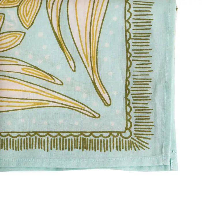 Eliza light blue and gold floral cotton bandana folded to show print detail