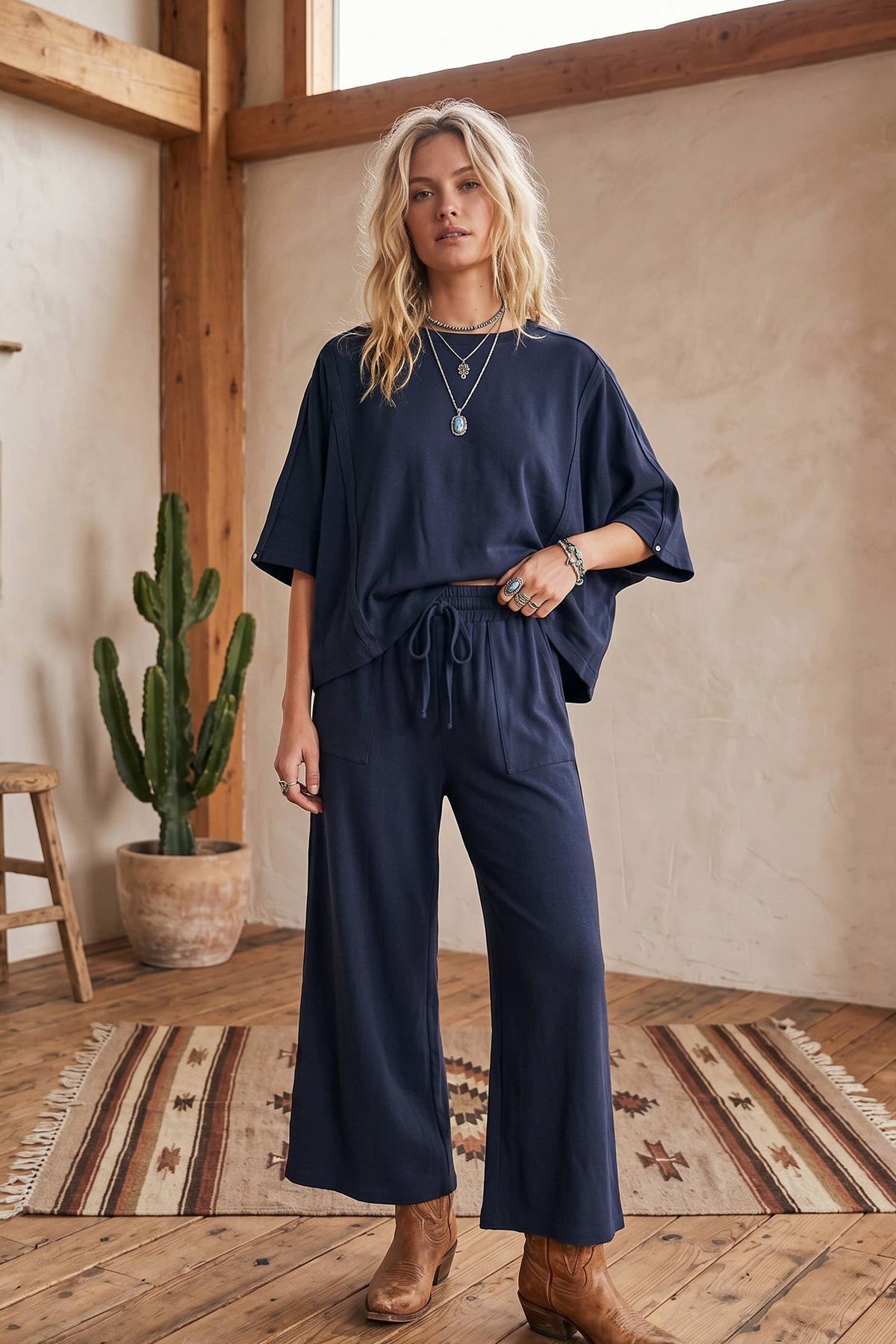 Sewn and Seen - Brushed Stretch Boxy Top & Wide Leg Pant Set: BURGUNDY / L
