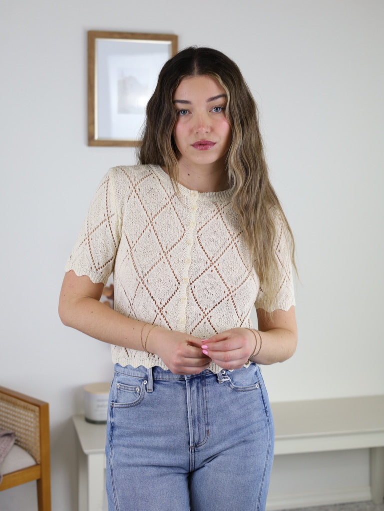 Trina Pointelle Knit Short Sleeve Cardigan