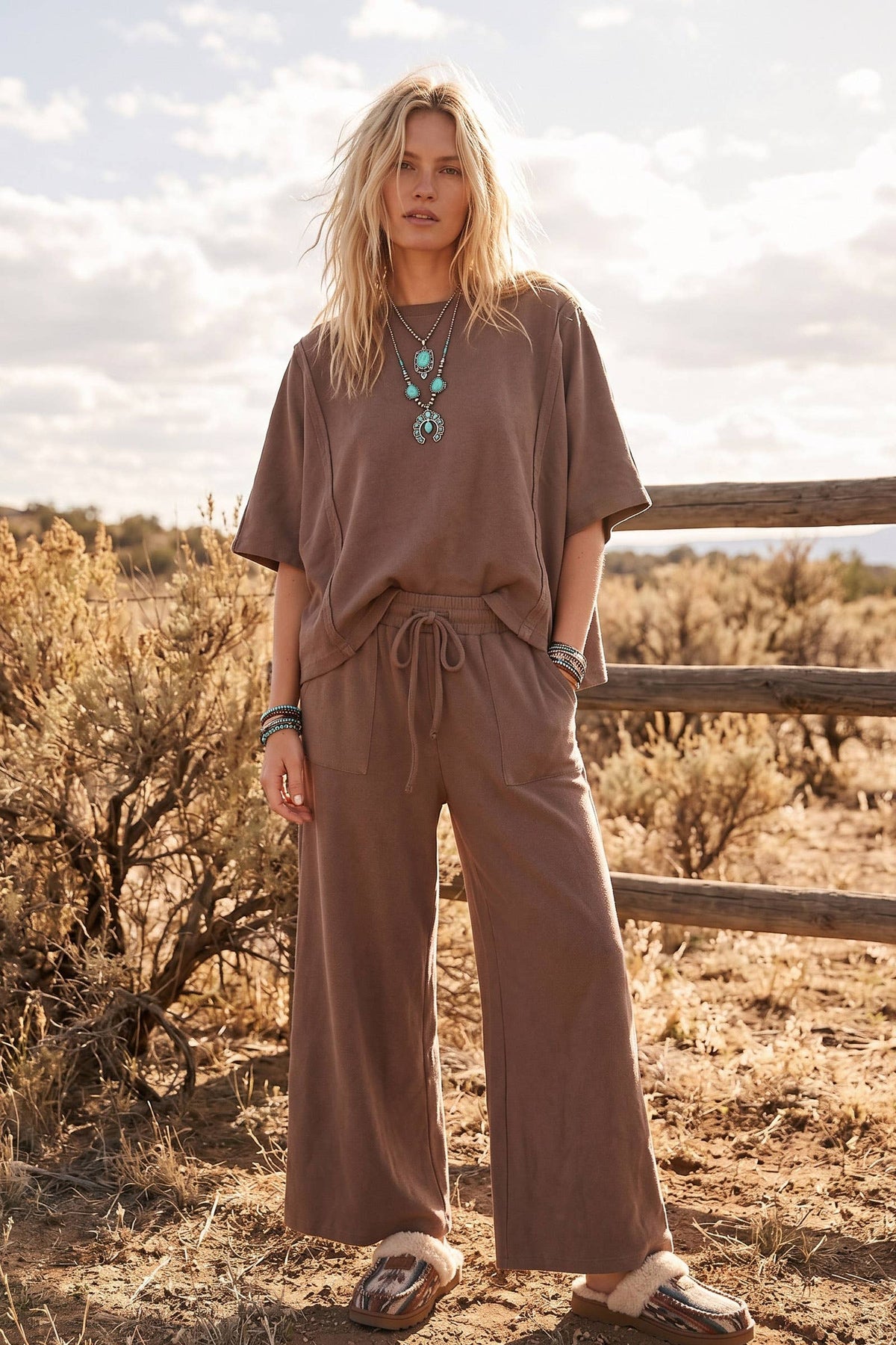 Sewn and Seen - Brushed Stretch Boxy Top & Wide Leg Pant Set: BURGUNDY / L