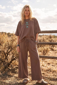 Sewn and Seen - Brushed Stretch Boxy Top & Wide Leg Pant Set: BURGUNDY / L