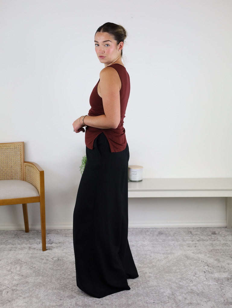 Trixi Ruched Ribbed Knit Slit Tank