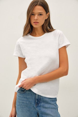 Woman wearing Pammy ultra lightweight garment-dyed cotton tee in white