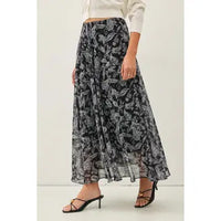 Longview Flowy Midi Skirt in black paisley – women's airy chiffon midi skirt with elastic waist | Glitz Fine Clothing