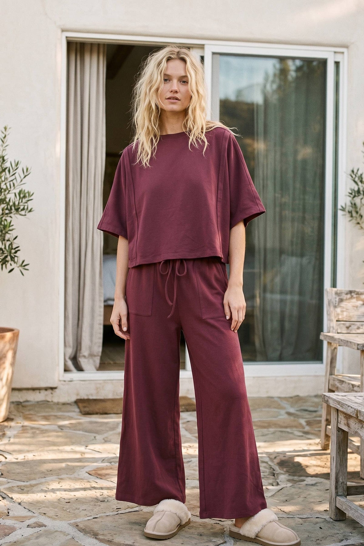 Sewn and Seen - Brushed Stretch Boxy Top & Wide Leg Pant Set: BURGUNDY / L