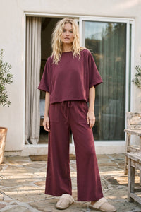 Sewn and Seen - Brushed Stretch Boxy Top & Wide Leg Pant Set: BURGUNDY / L