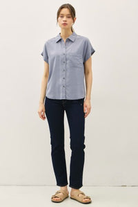 Blue Adriana Button Up Blouse with chest pocket and metallic buttons – Glitz Fine Clothing boutique